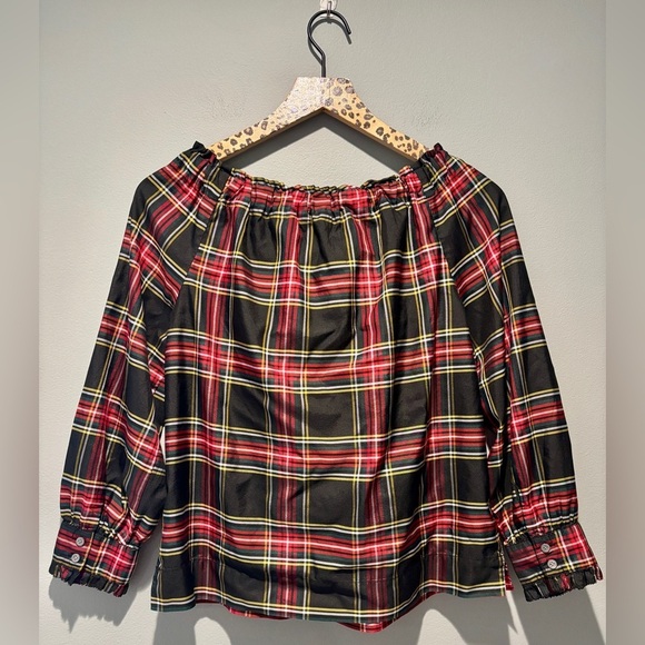 J. CREW | Stewart Tartan Plaid Off-Shoulder Adjustable Tie Blouse - Picture 3 of 6